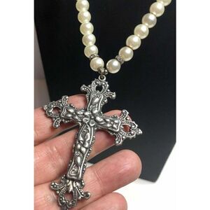 1824 Faux Pearl &  pewter ornate Cross Necklace  Wyatt  30" long